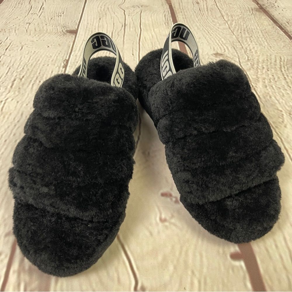 UGG Fluff Yeah black furry soft slippers slides with back straps, size 5 - Picture 4 of 11